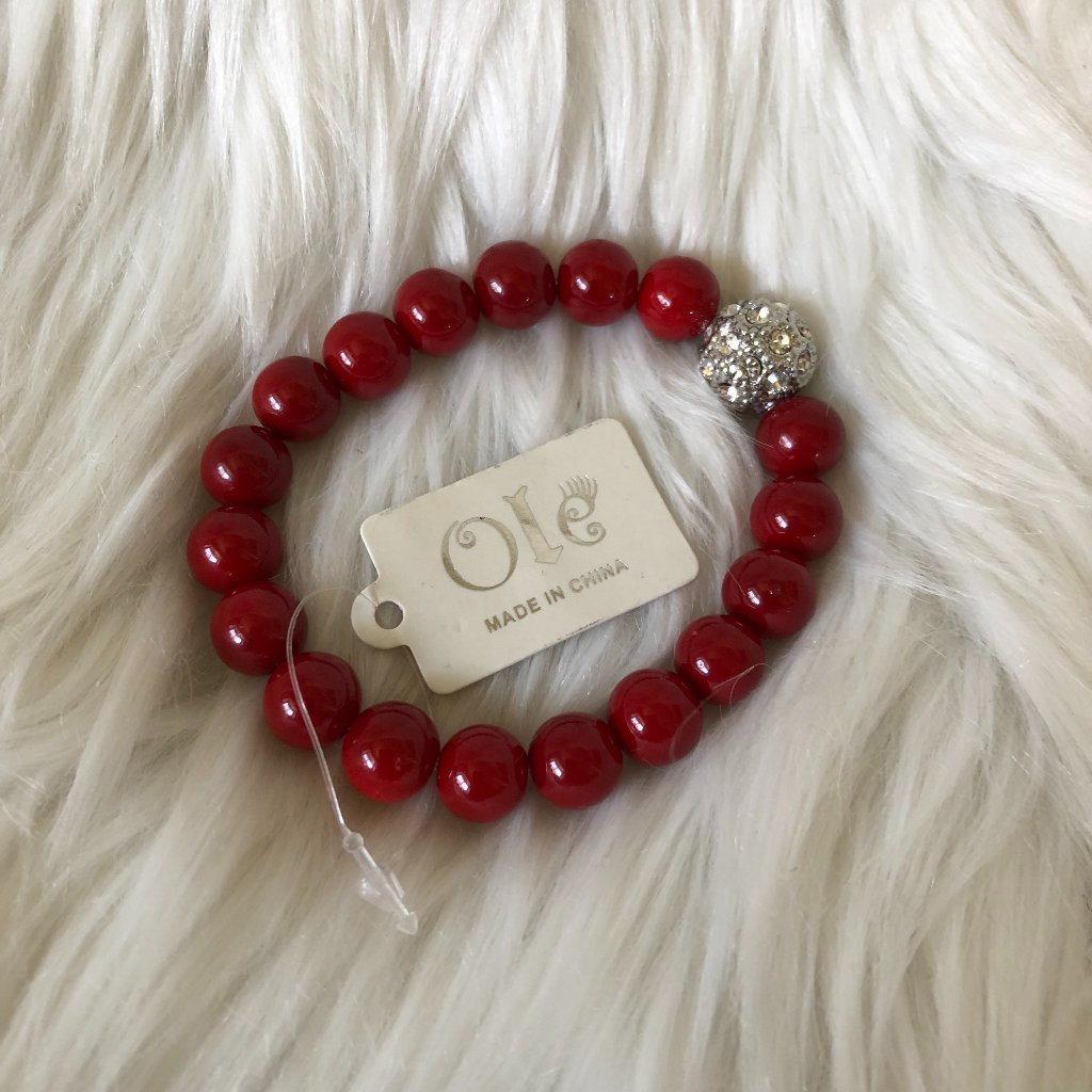 Ole Red Round Beaded Crystal Stretch Bracelet